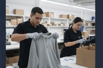 Quality assurance specialist performing a 5-point inspection and measurement on a garment.