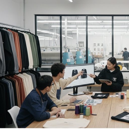 Design lab workstation showcasing custom fabric swatches and garment finishes for private label branding.