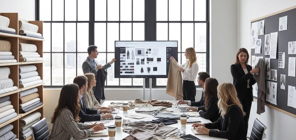 FORMAT Blanks design and sourcing lab where professionals review fabric swatches for custom collections.