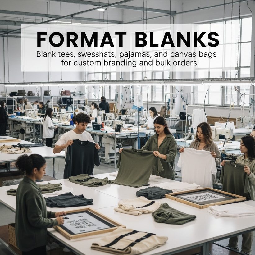 Professional design team reviewing technical sketches for blank tees, sweatshirts, and custom pajama lines.