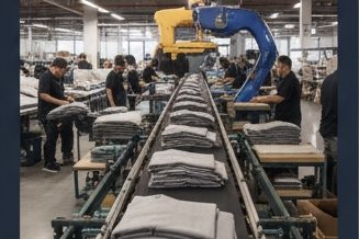 Large scale textile manufacturing facility producing bulk orders of premium hoodies and sweatshirts.