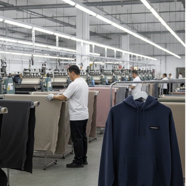 Warehouse storage of premium fabric rolls for custom OEM apparel and lifestyle essentials manufacturing.