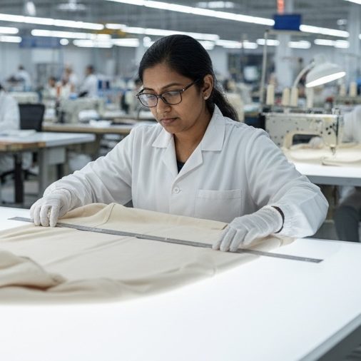 QC specialist at FORMAT Blanks conducting a rigorous 5-point garment inspection and measurement for an OEM hoodie production batch