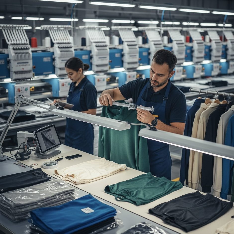 Large scale industrial embroidery machines in a clean, modern garment manufacturing plant.