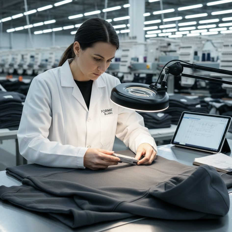 Close-up of industrial stitching and quality control inspection to ensure premium manufacturing standards.