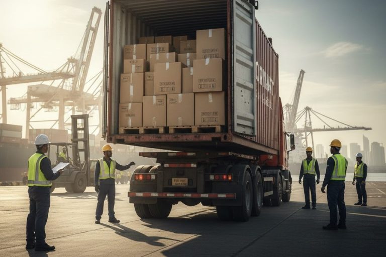 Logistics team loading a FORMAT Blanks shipping container at a global port for worldwide delivery.