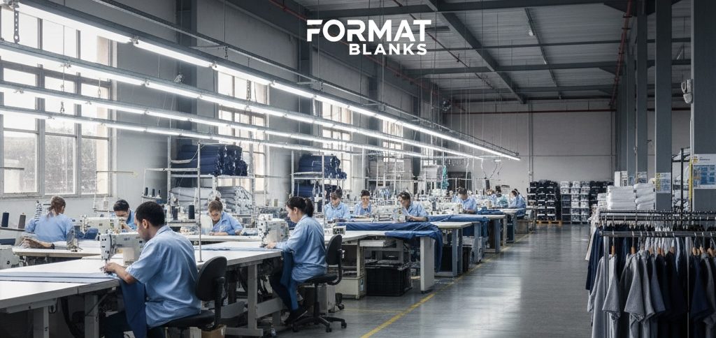 High-capacity industrial apparel factory floor showing OEM garment production lines.